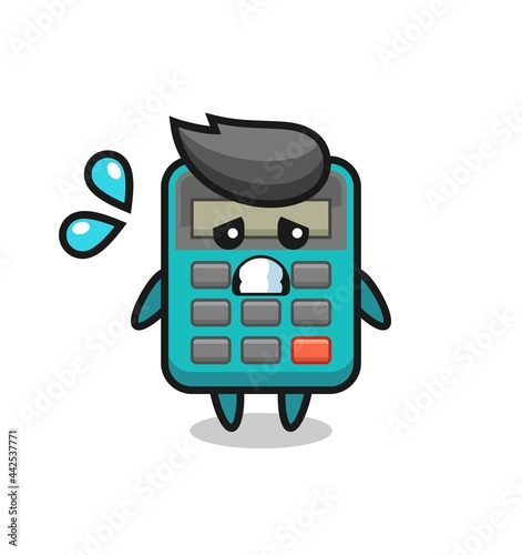 calculator mascot character with afraid gesture
