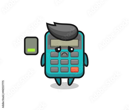 calculator mascot character doing a tired gesture