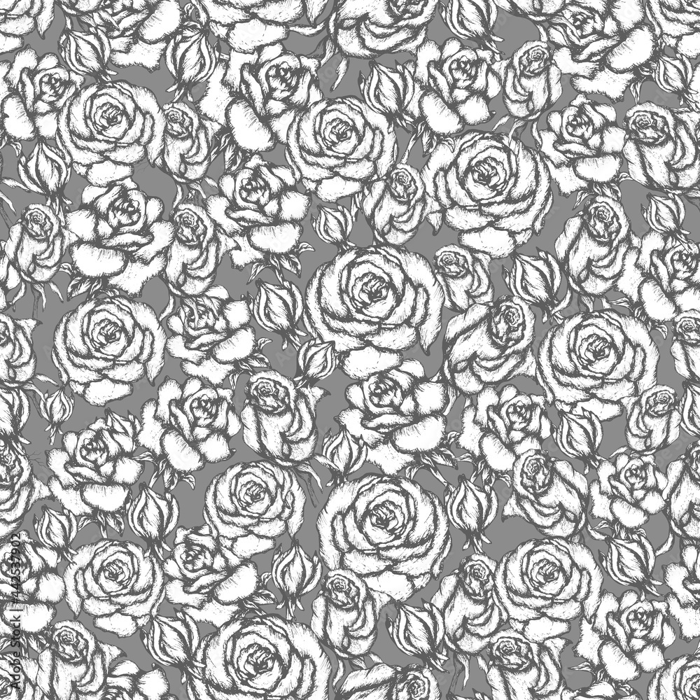 Floral, seamless botany pattern, isolated rose flowers. modern monochrome wallpaper. hand-drawn illustration for textiles in a minimalist style.  for print on wrapping paper. Veсtor. art vintage.