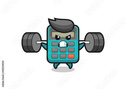 calculator mascot cartoon with a barbell