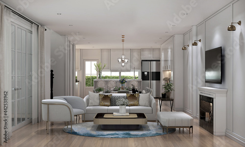 Home and decoration interior design of luxury living and dining room and cozy sofa style and white wall texture background, 3d rendering 