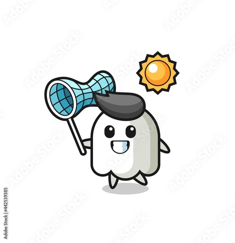 ghost mascot illustration is catching butterfly