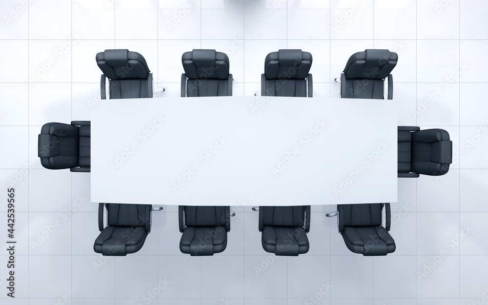 Naklejka premium Bright conference room interior with table and chairs. Workplace and company concept. 3D Rendering