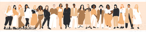 Women of different ethnicities stand side by side together. Flat vector illustration.	