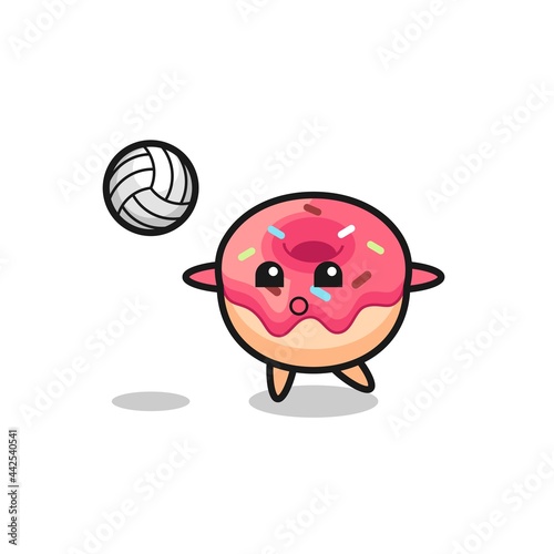 Character cartoon of doughnut is playing volleyball