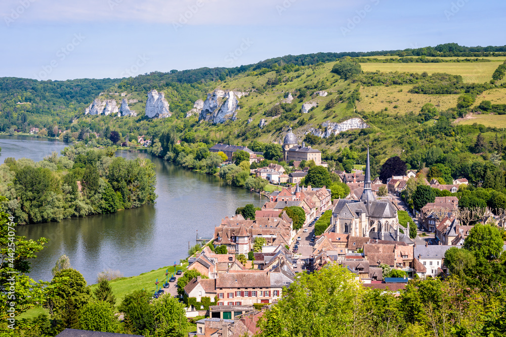 Aerial view of the city of Les Andelys, France, on the bank of the Seine river seen from Château-Gaillard fortified castle.