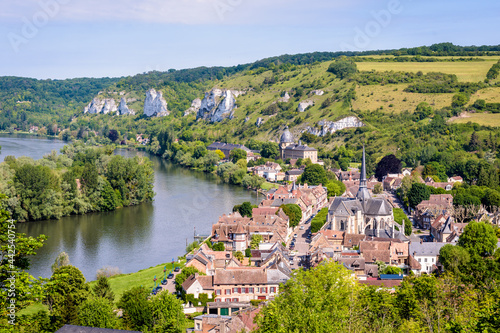 Aerial view of the city of Les Andelys, France, on the bank of the Seine river seen from Château-Gaillard fortified castle.