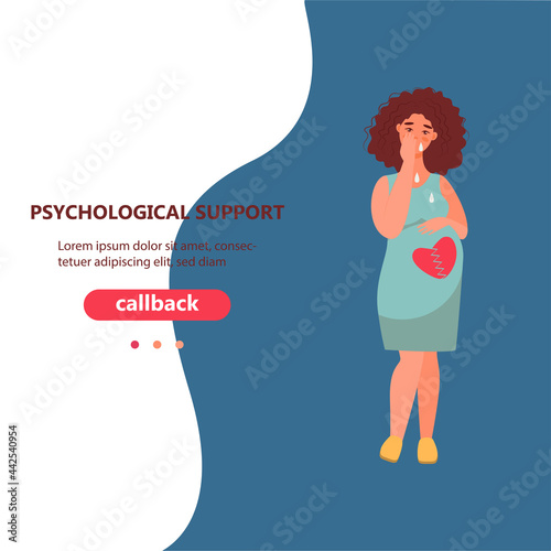 pregnancy loss, abortion, Miscarriage concept. Woman is crying in hospital or clinic. She lost her child. Flat Vector illustration.

