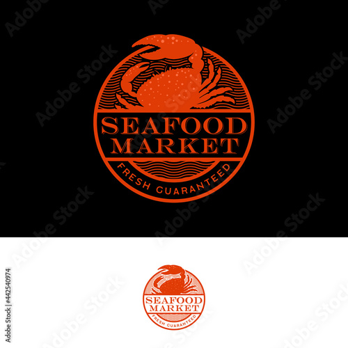 Seafood emblem. Red silhouette of crab in round sign. Emblem for seafood market or restaurant, fresh fish and seafood, fast delivery.