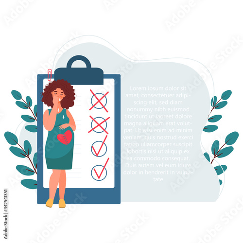 pregnancy loss, abortion, Miscarriage concept. Woman is crying in hospital or clinic. She lost her child. Flat Vector illustration.

