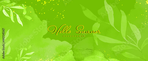 Abstract bright green texture and leaves watercolor background