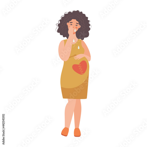 pregnancy loss, abortion, Miscarriage concept. Woman is crying in hospital or clinic. She lost her child. Flat Vector illustration.

