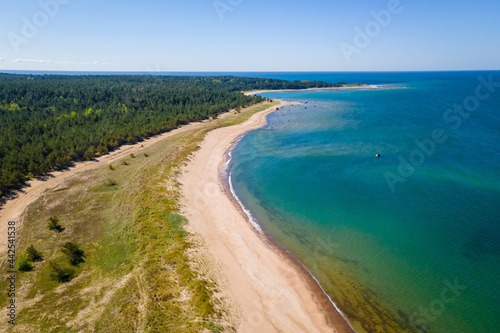 Aerial view to Baltic sea beach in Estonia at sunny day