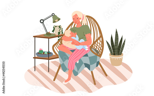 Breastfeeding lactation, happy mothers day, motherhood concept vector illustration. Cartoon mom with newborn child sitting in armchair, baby drinks milk from breast, infant nursing isolated on white