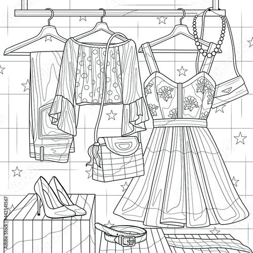 Clothes on a hanger.Coloring book antistress for children and adults. Illustration isolated on white background.Zen-tangle style. Black and white drawing.Hand draw