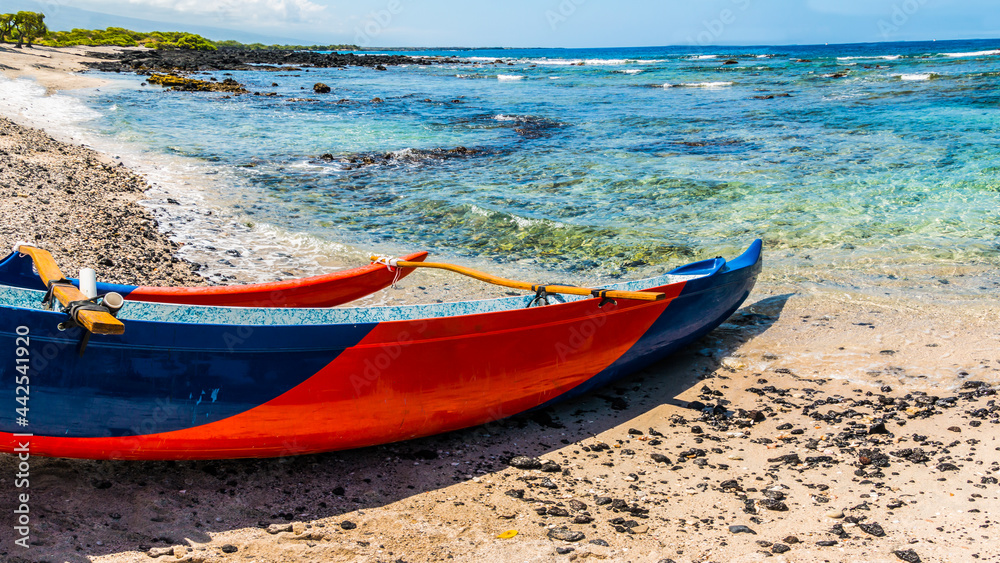 Outrigger Canoe On The Beach Near Wawahiaa Point, Koloko-Honokohua National Historic Park, Hawaii, Island, Hawaii, USA Outrigger Canoe On The Beach Near Wawahiaa Point, Koloko-Honokohua National Historic Park, Hawaii, Island, Hawaii, USA