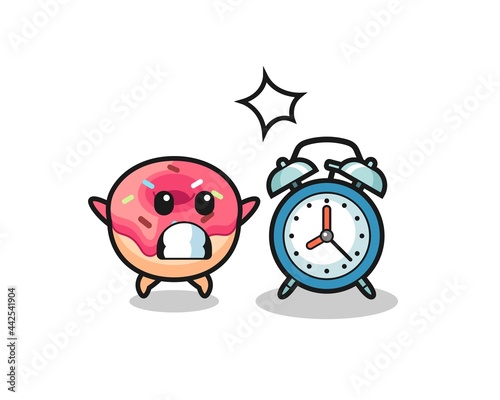 Cartoon Illustration of doughnut is surprised with a giant alarm clock