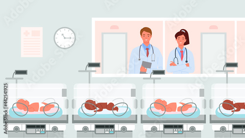 Cartoon doctor neonatologist, happy parent characters standing, people looking with love at newborn baby background. Hospital ward with preterm baby incubators, prematurity concept vector illustration