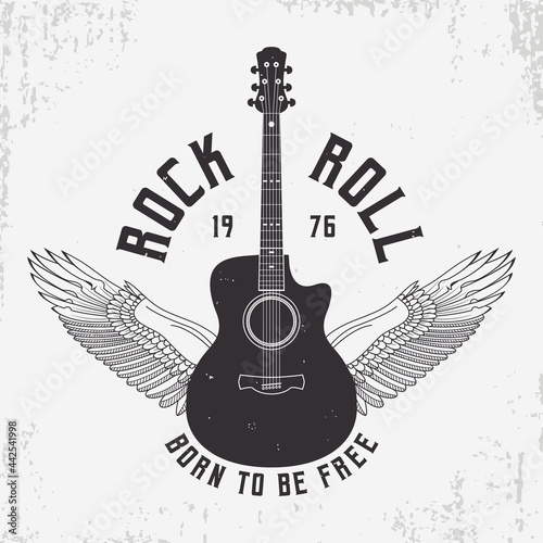 Rock and Roll t-shirt design with guitar and wings. Typography graphics for tee shirt with slogan and grunge. Vintage apparel with rock-n-roll print. Vector illustration.