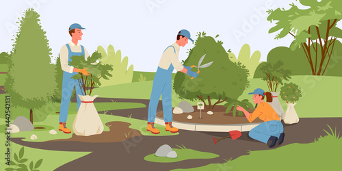 People work in summer forest or park, grow plants vector illustration. Cartoon young man woman gardener characters working and gardening, holding garden tools scissors shovel, tree sapling background