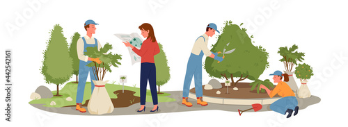Garden landscaping, agriculture work on tree bushes cultivation vector illustration. Cartoon worker characters working with scissors, planting tree sapling in soil, agriculture isolated on white