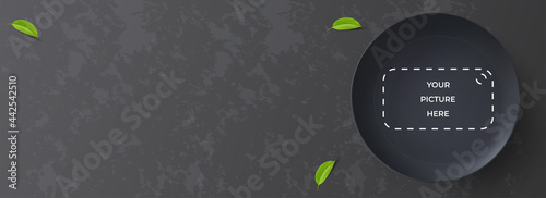 horizontal food banner design, realistic black plate on black background. 3d vector illustration
