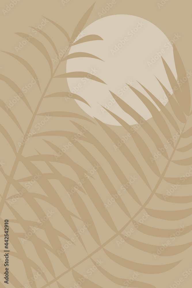 Fototapeta Yellow tropical leaves and an abstract sun on a beige background.