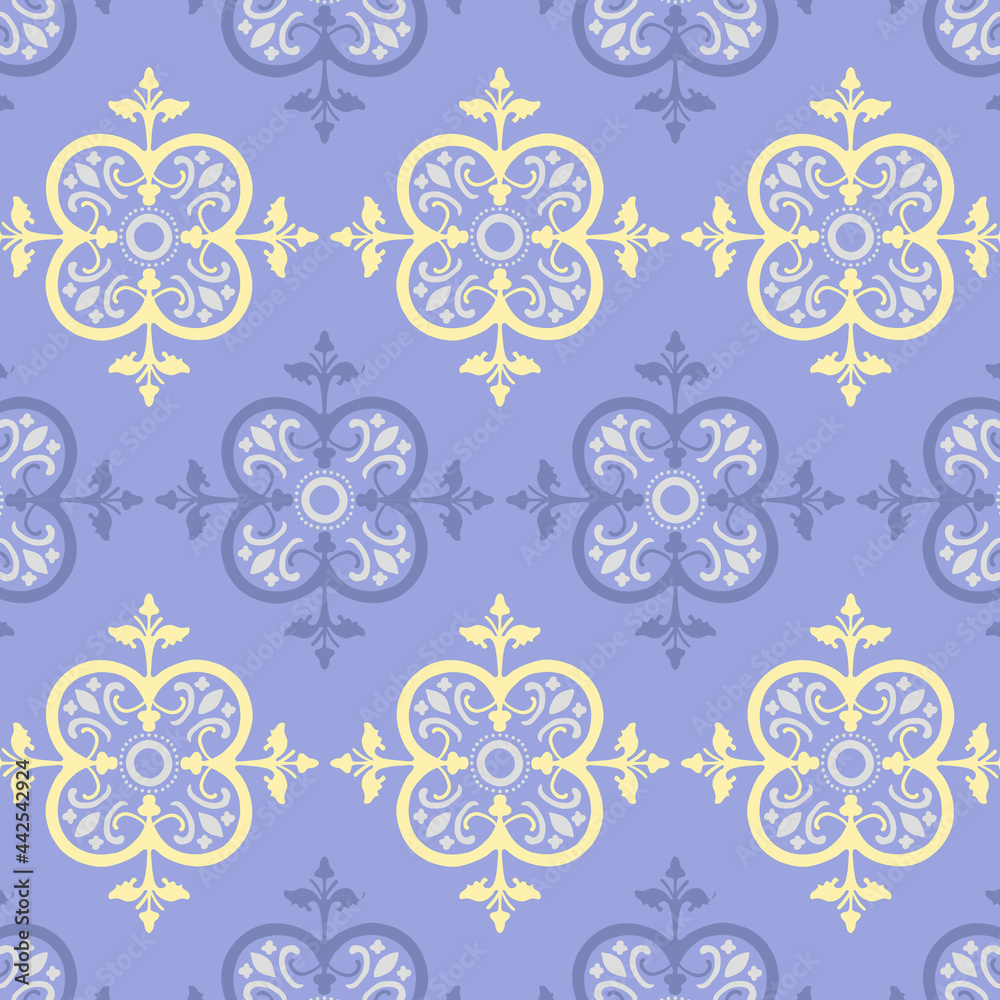 many soft blue and yellow floral and leaf green pattern with flower watercolor fabric texture.