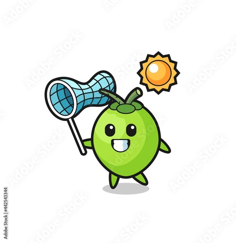 coconut mascot illustration is catching butterfly