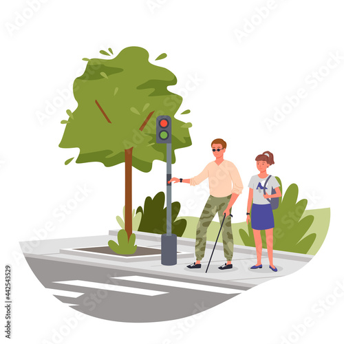 Disabled blind man on city street crosswalk vector illustration. Cartoon young handicapped male character holding stick cane, walking pedestrian crossing with signal traffic light isolated on white