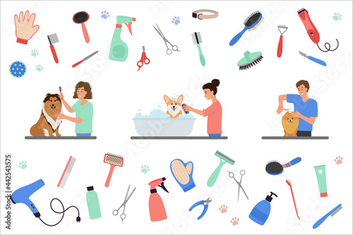 Scenes with people grooming dogs. Set of tools for coat care. Man and Women caring of pets, cutting fur, washing. Beauty salon for domestic animals. Flat cartoon Vector illustration isolated on white.