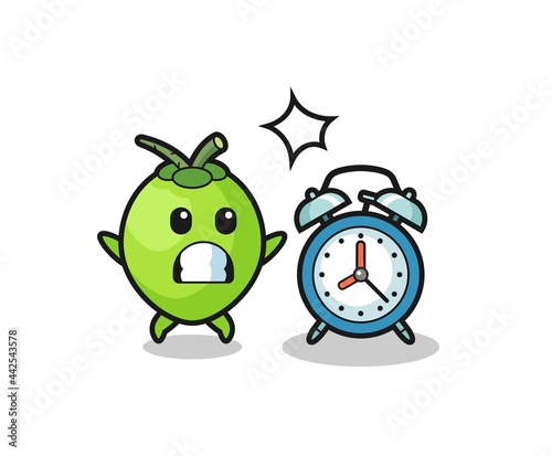 Cartoon Illustration of coconut is surprised with a giant alarm clock