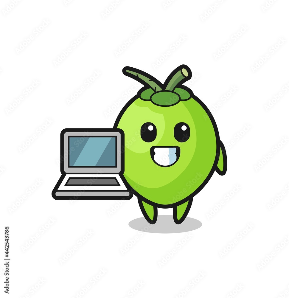 Mascot Illustration of coconut with a laptop Mascot Illustration of coconut with a laptop