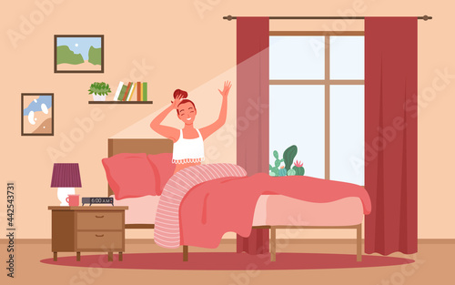 Happy awakening in morning, lifestyle daily routine vector illustration. Cartoon girl character sitting in bed in home bedroom interior near window, young woman stretching under blanket background