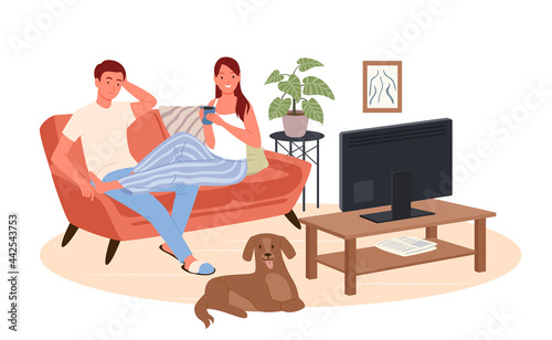 Couple people watch tv film at home vector illustration. Cartoon happy young woman man characters watching cinema movie, television on cozy sofa couch together, lifestyle scene isolated on white
