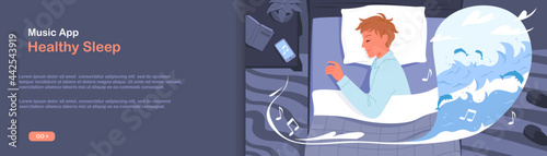 Healthy sleep at night, young man listening calm music in phone vector illustration. Cartoon sleepy guy character in pajamas lying on bed pillow in bedroom, sleeping better to good music background