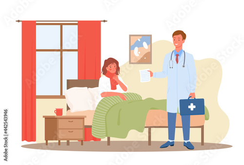 Doctor visit, medical diagnostic healthcare service concept vector illustration. Cartoon sick woman patient character lying in bed at home, man medic with stethoscope standing isolated on white