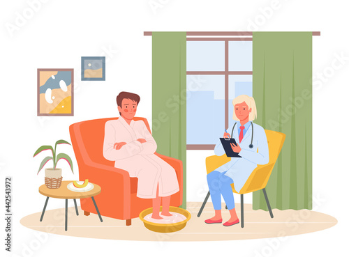 Medical appointment, therapist house call vector illustration. Cartoon woman doctor visiting sick man patient for examination, healthcare service to call family doctor to home isolated on white