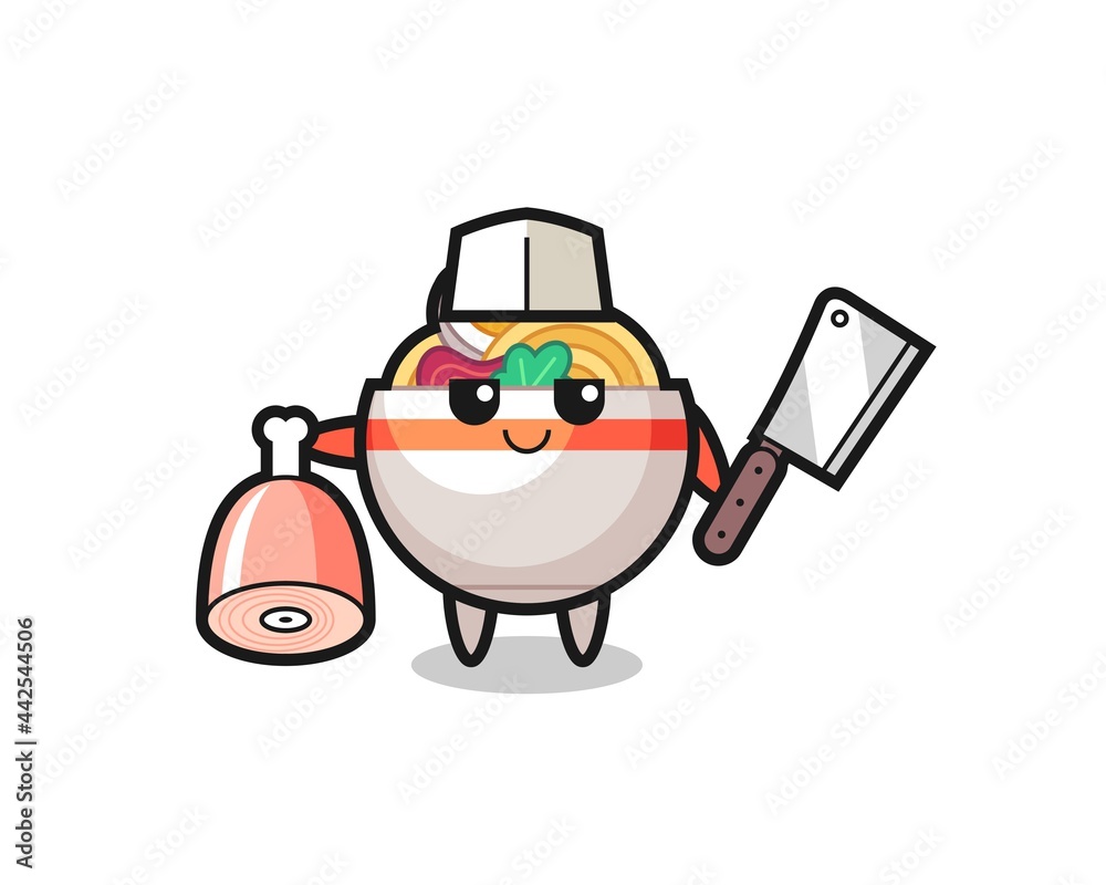 Illustration of noodle bowl character as a butcher