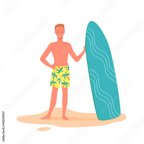 Happy surfer with surfboard on beach vector illustration. Cartoon young man character in swimwear holding surfing board, guy enjoying leisure and water sport, summer beach vacation isolated on white © Natalia