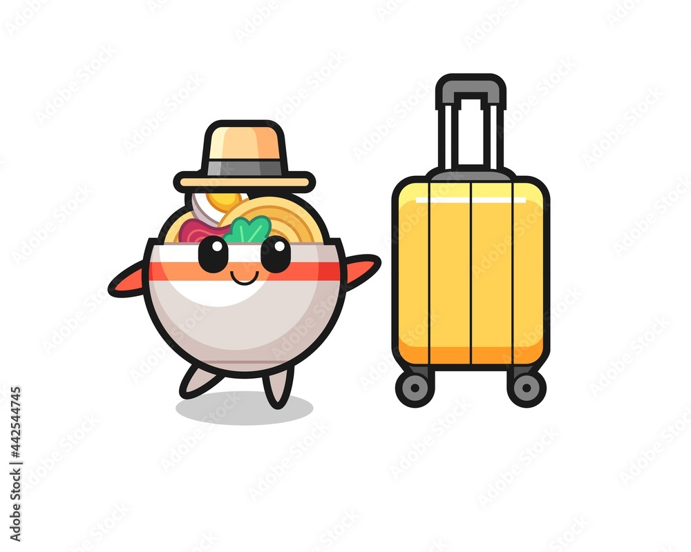 noodle bowl cartoon illustration with luggage on vacation