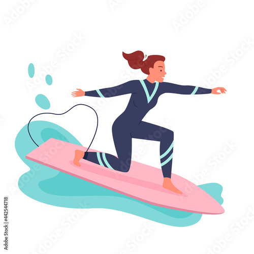 Young woman surfing on surf board vector illustration. Cartoon active happy girl surfer in wetsuit surfing with surfboard among waves and sea splashes, Extreme coastal watersport isolated on white