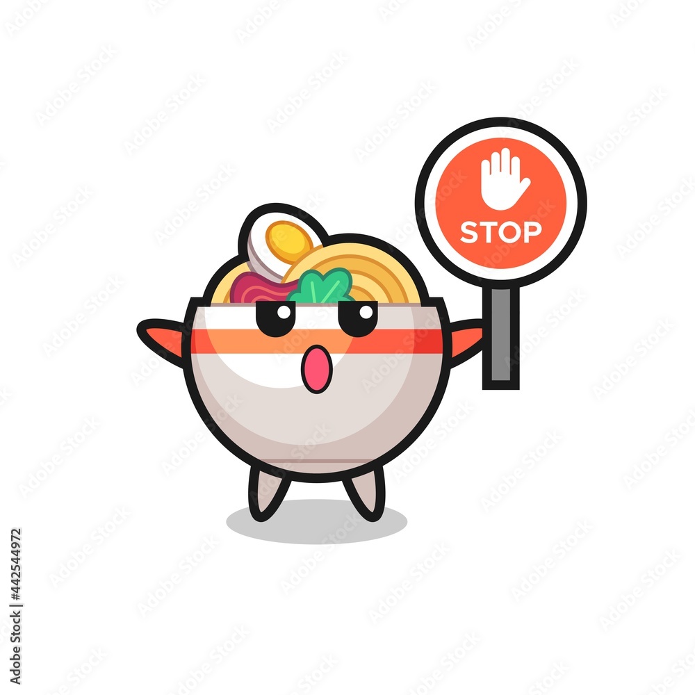 noodle bowl character illustration holding a stop sign