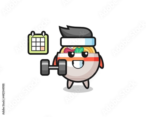 noodle bowl mascot cartoon doing fitness with dumbbell