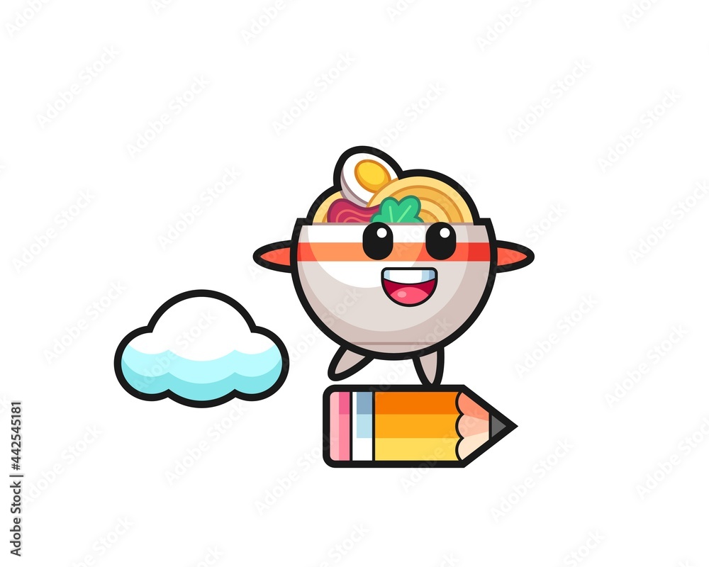 noodle bowl mascot illustration riding on a giant pencil