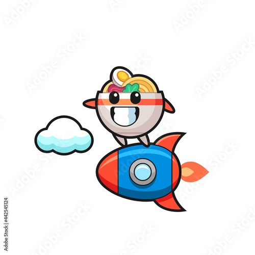 noodle bowl mascot character riding a rocket