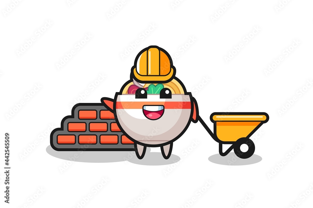 Cartoon character of noodle bowl as a builder Cartoon character of noodle bowl as a builder