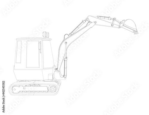 Outline of a small excavator isolated on a white background. Vector illustration