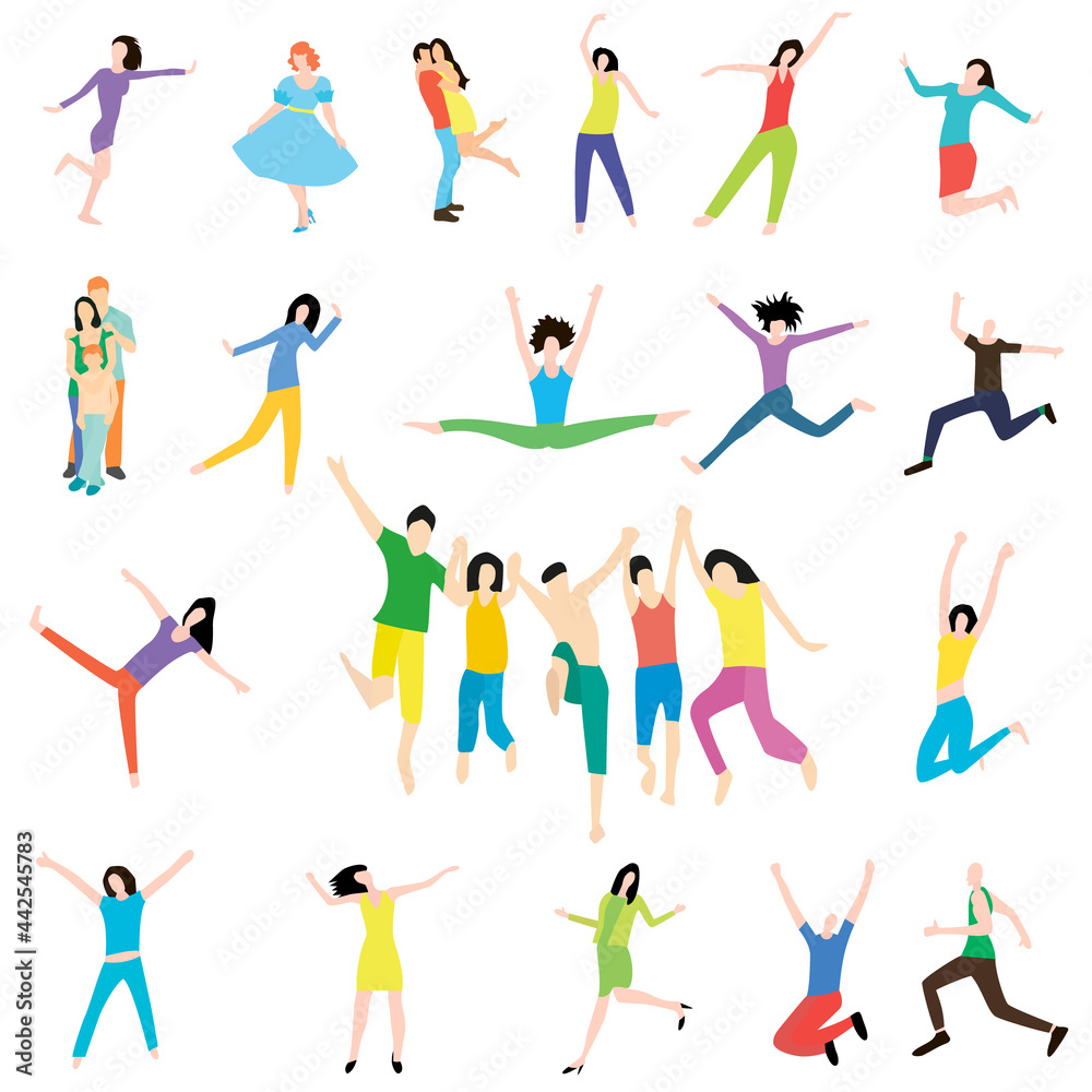 Set with people in flat style isolated on white background. Girls dance, hug, jump. Vector illustration