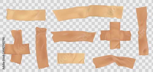 Paper adhesive tape. Masking scotch pieces with torn edge. Realistic beige sticky paper stripe. Ripped medical bandage with folds vector set